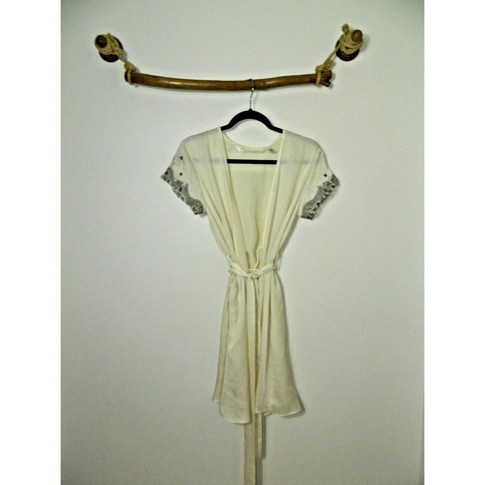 Victoria's Secret Robe Kimono Size Small Ivory Satin Black Lace Details